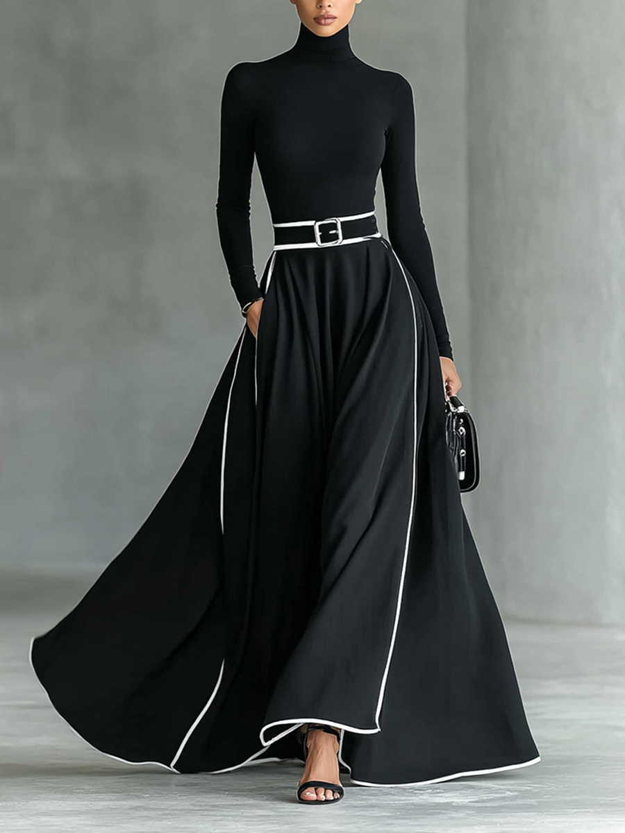 Black Maxi Dress for Women with White Stitching and High Collar, Long Sleeves, Slim Waist