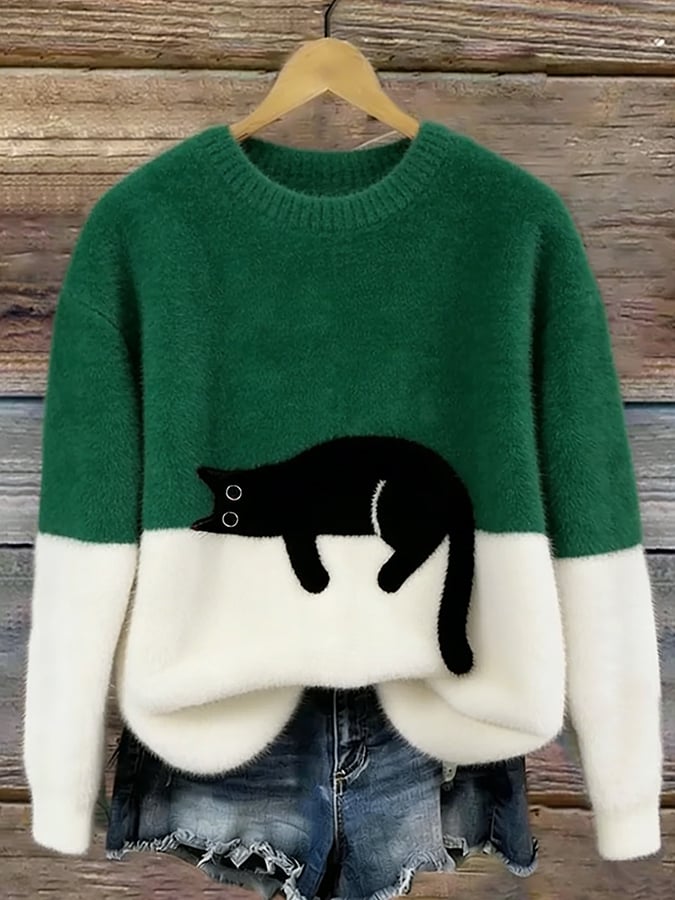 Aileen | Elegant Cat Print Oversized Sweater