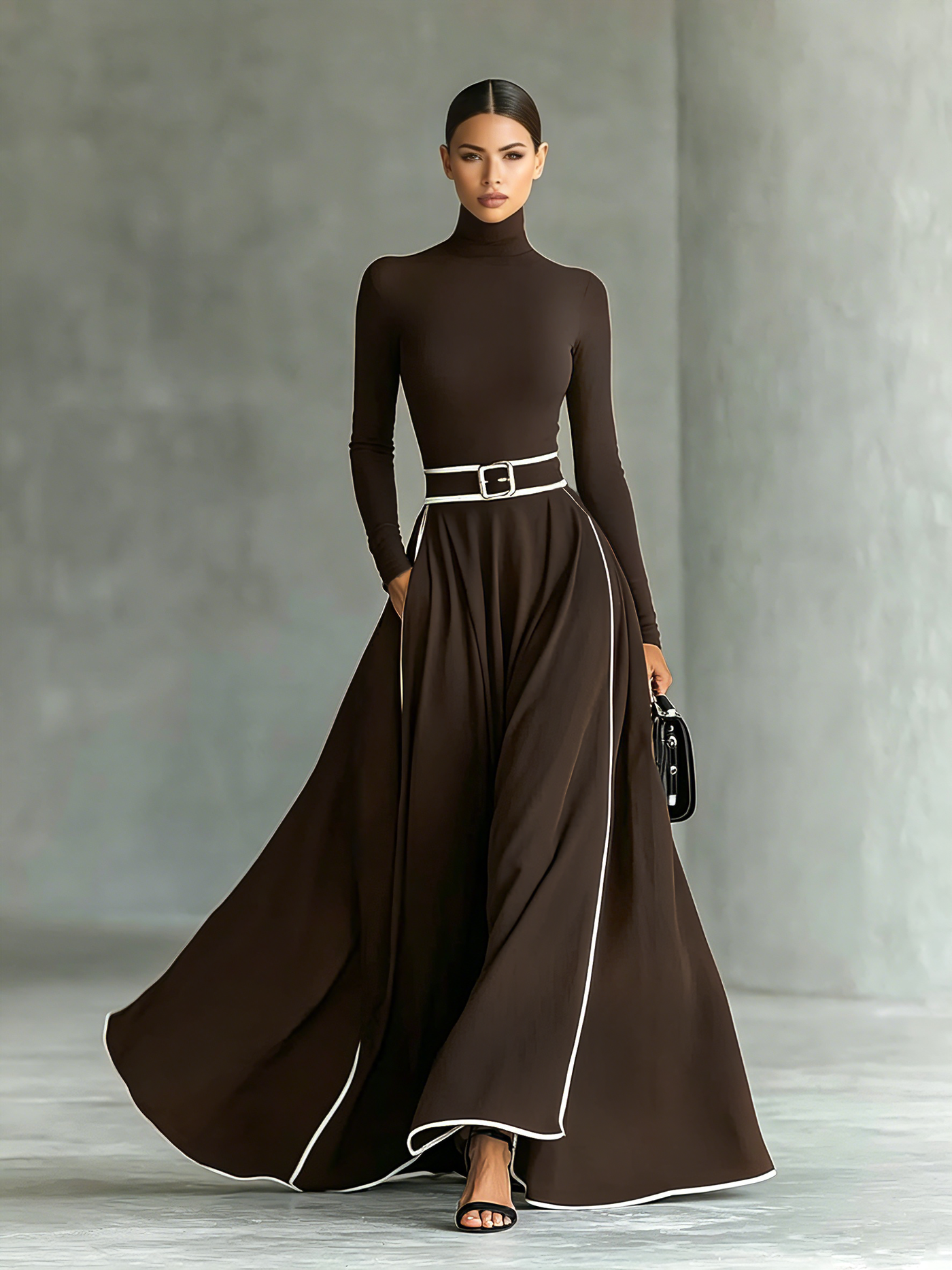 Black Maxi Dress for Women with White Stitching and High Collar, Long Sleeves, Slim Waist