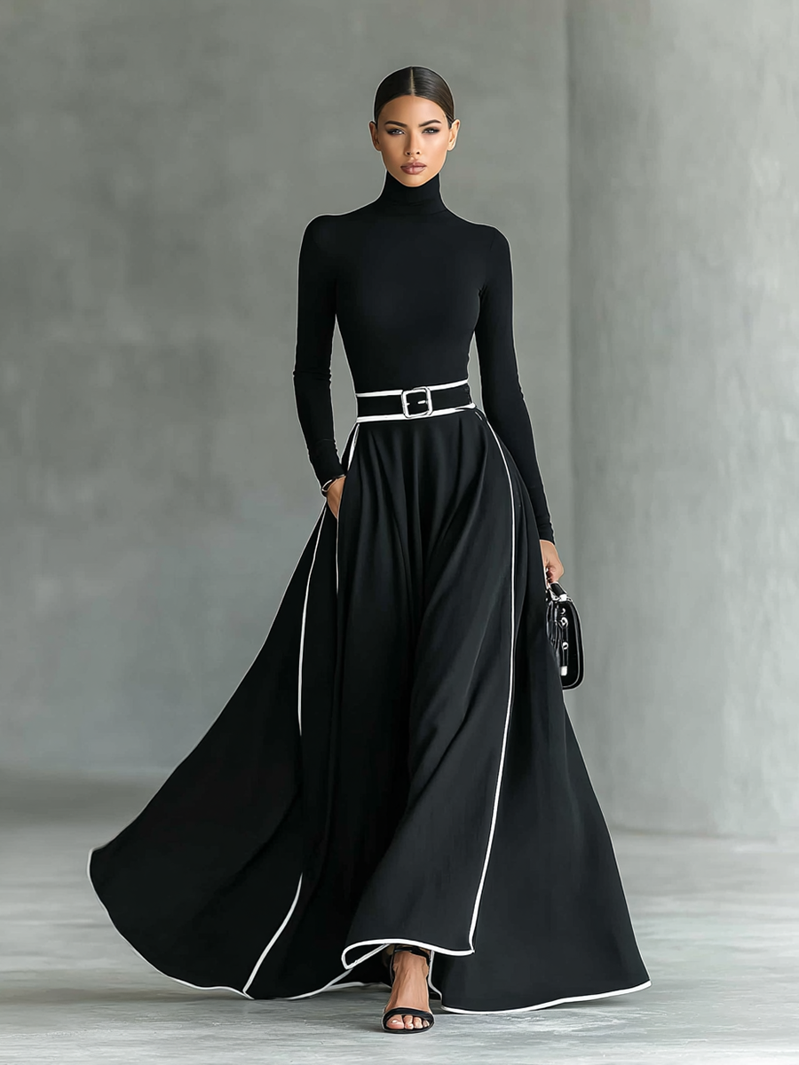 Black Maxi Dress for Women with White Stitching and High Collar, Long Sleeves, Slim Waist