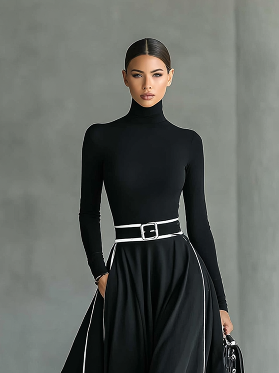Black Maxi Dress for Women with White Stitching and High Collar, Long Sleeves, Slim Waist