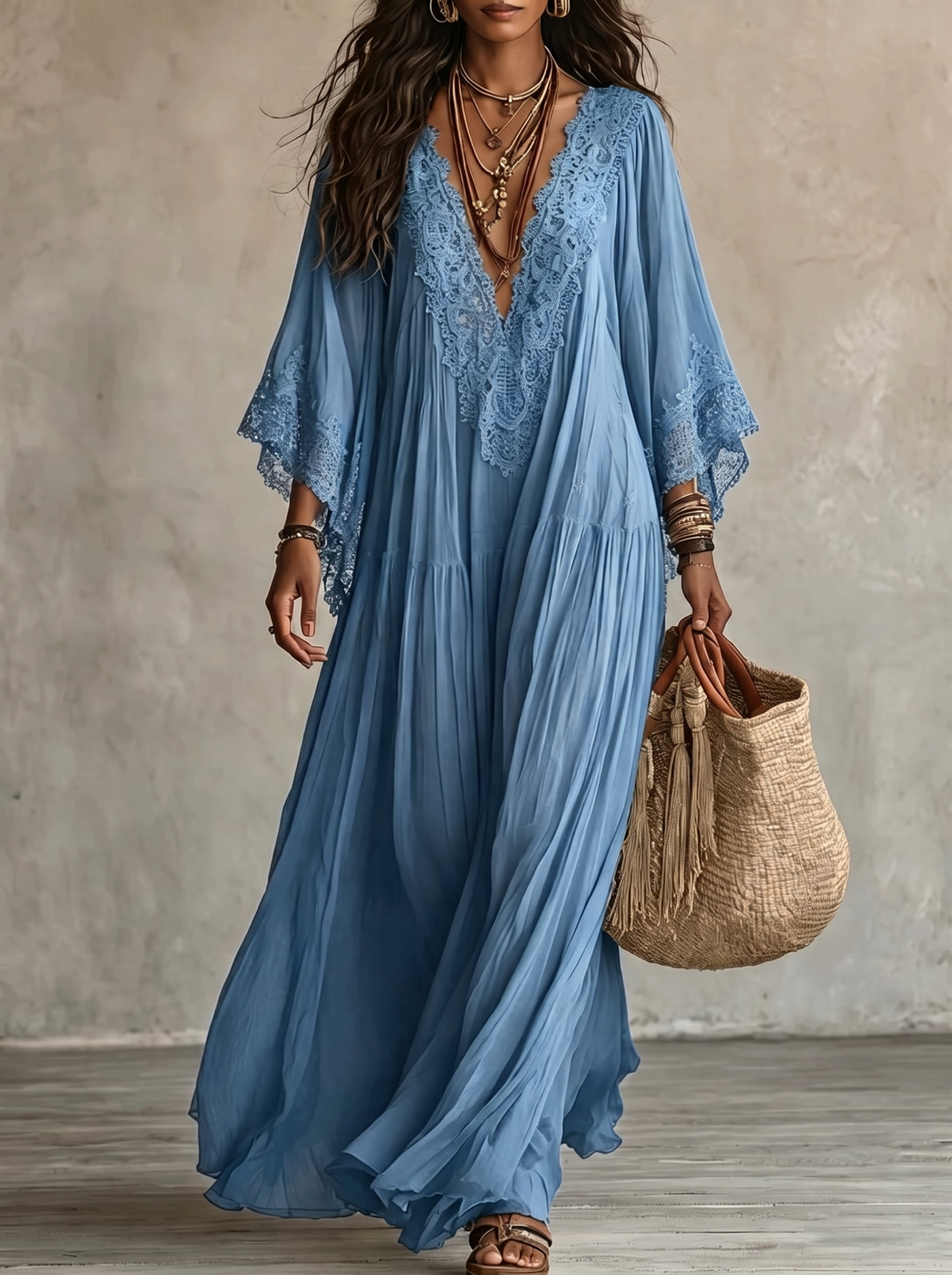 Maxi Boho Dress with Wide Sleeves and Embroidery | Bella di Roma