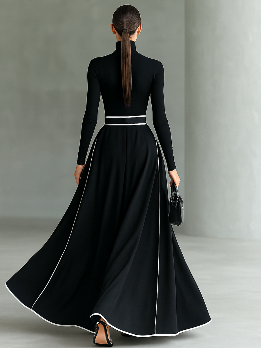 Black Maxi Dress for Women with White Stitching and High Collar, Long Sleeves, Slim Waist