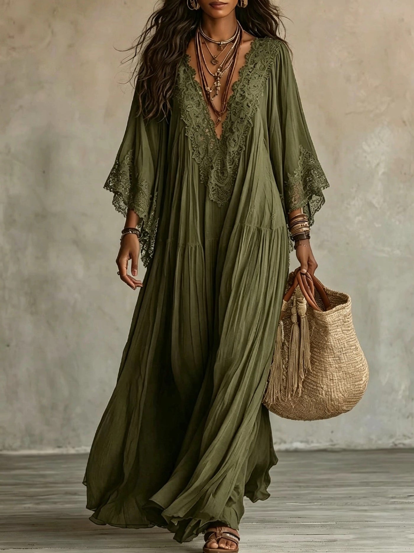 Maxi Boho Dress with Wide Sleeves and Embroidery | Bella di Roma