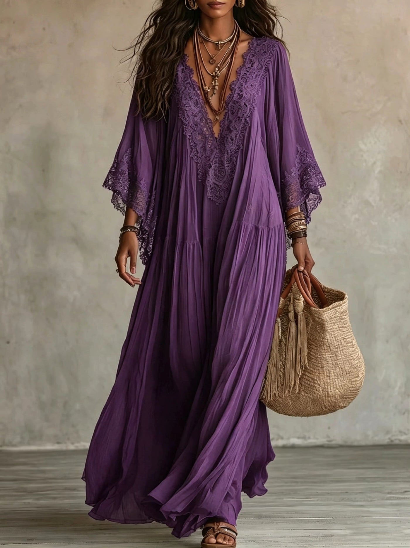 Maxi Boho Dress with Wide Sleeves and Embroidery | Bella di Roma