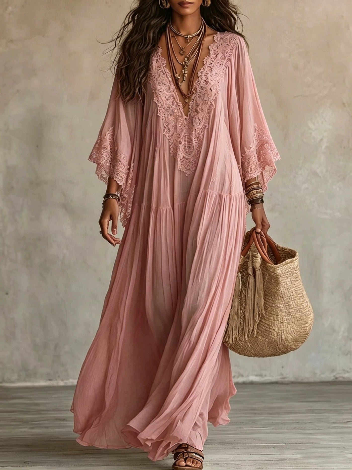 Maxi Boho Dress with Wide Sleeves and Embroidery | Bella di Roma