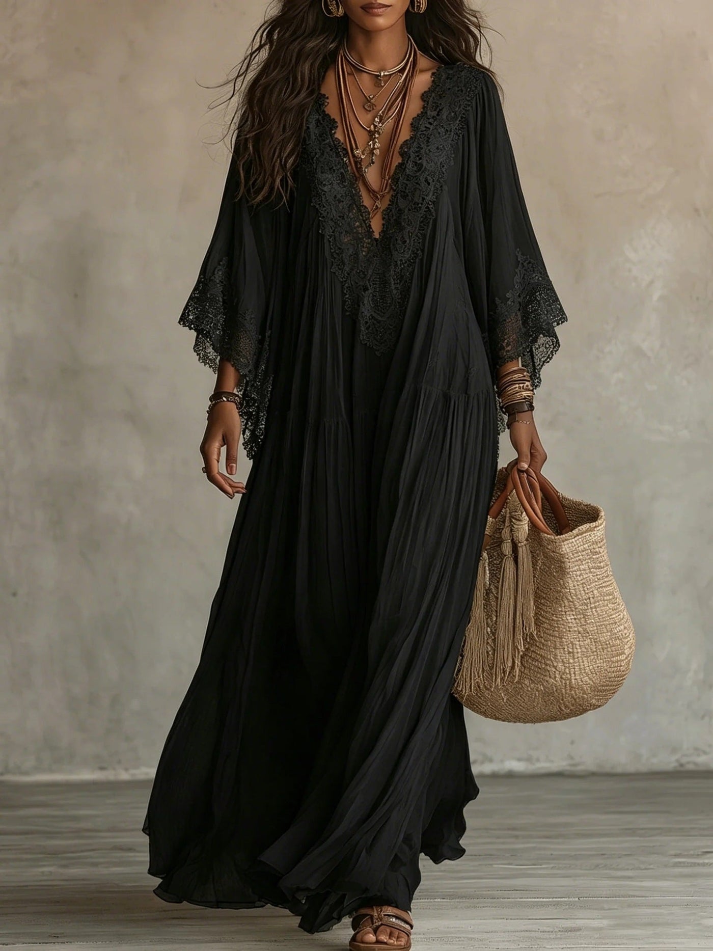 Maxi Boho Dress with Wide Sleeves and Embroidery | Bella di Roma