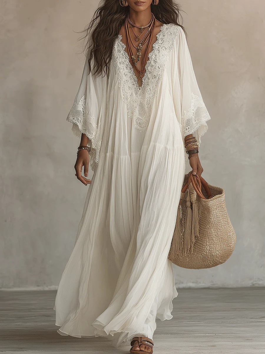 Maxi Boho Dress with Wide Sleeves and Embroidery | Bella di Roma