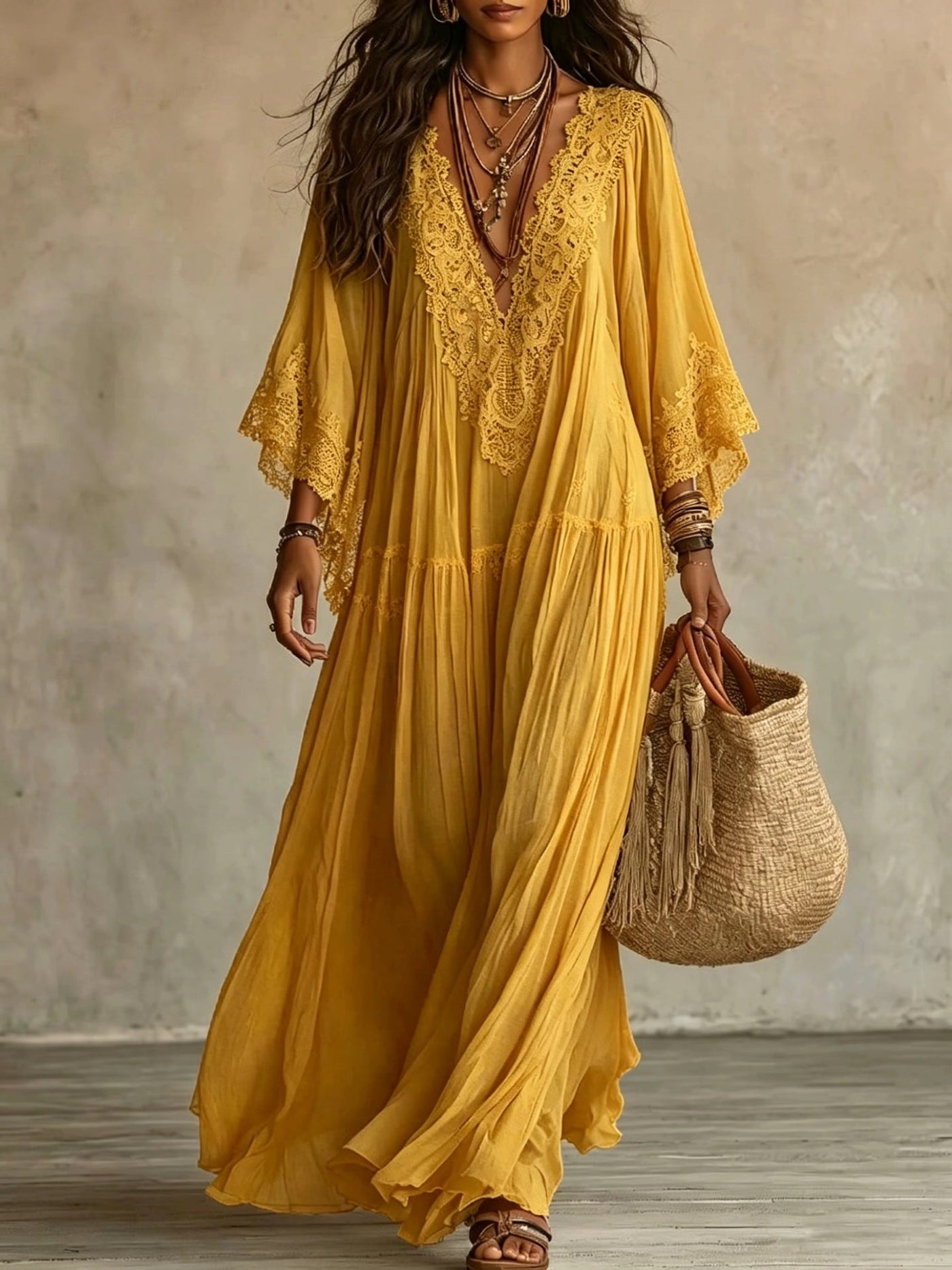 Maxi Boho Dress with Wide Sleeves and Embroidery | Bella di Roma