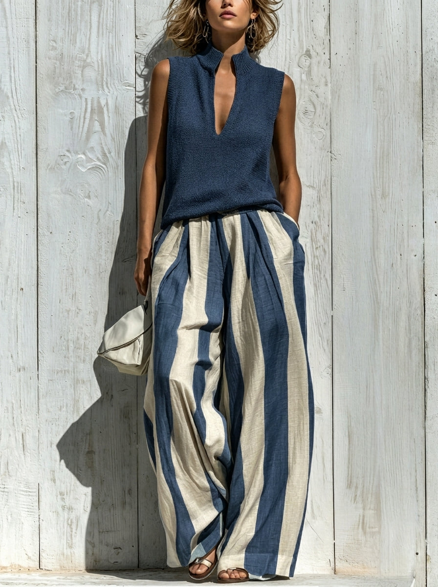 Complete sleeveless top and wide striped pants