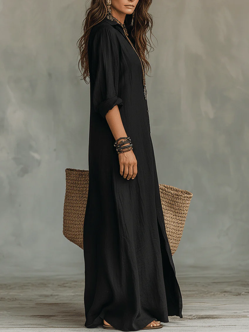 Alessia - Soft Black Maxi Dress with Buttons