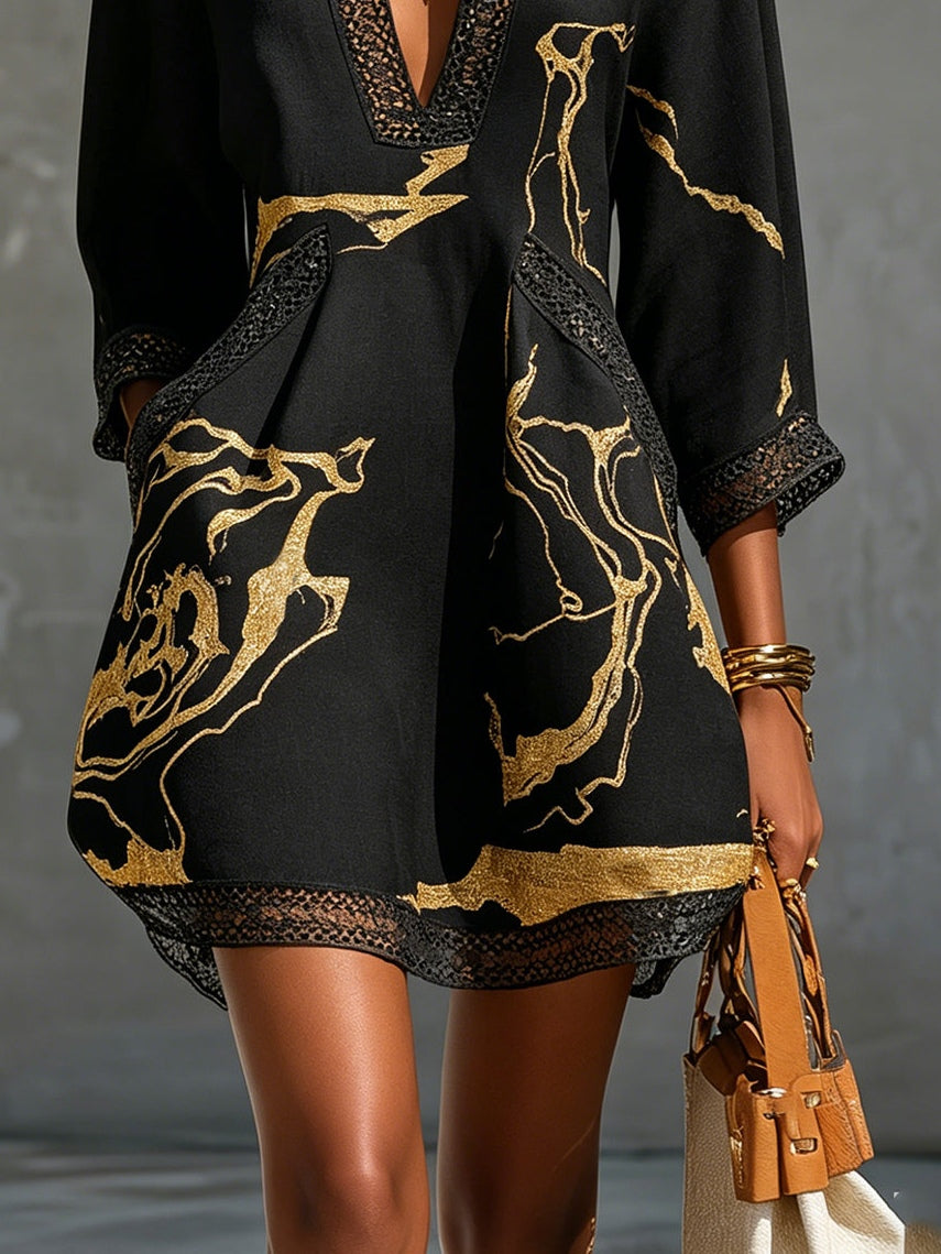Donatella | Mini black dress with golden marble print and crochet lace