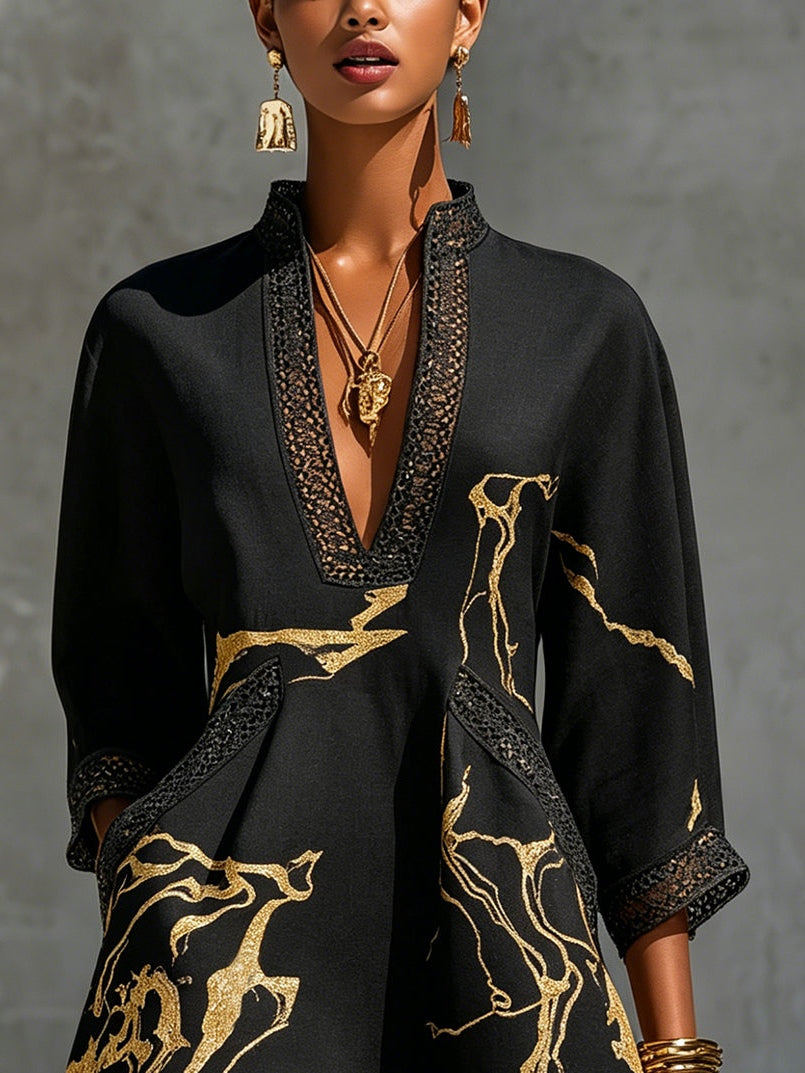Donatella | Mini black dress with golden marble print and crochet lace