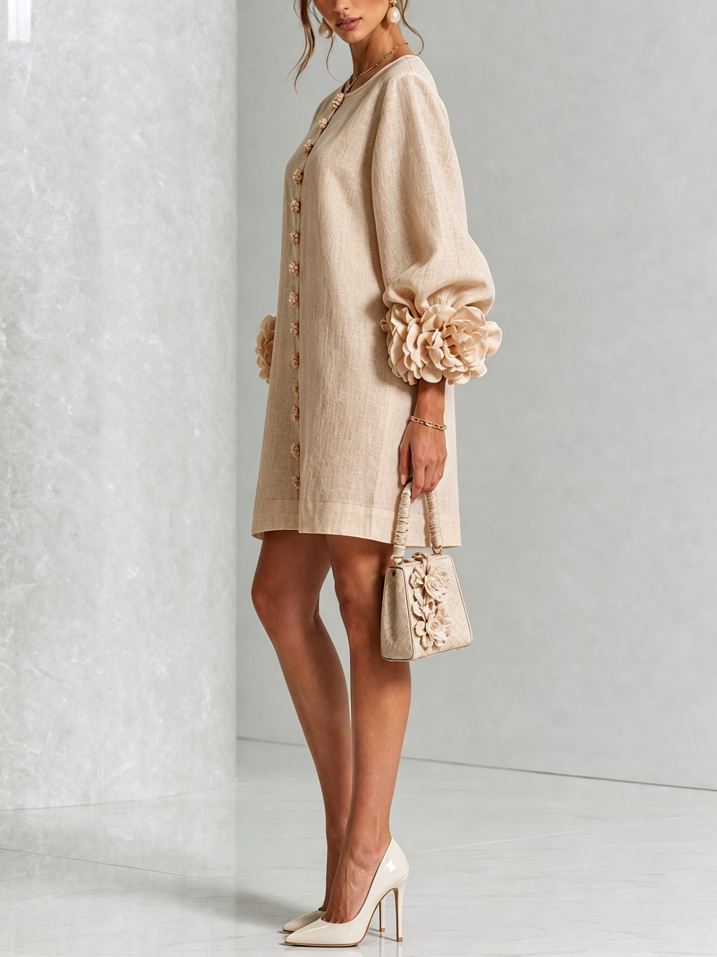 White Mini Dress with Floral Buttons and Dramatic Flower Sleeves