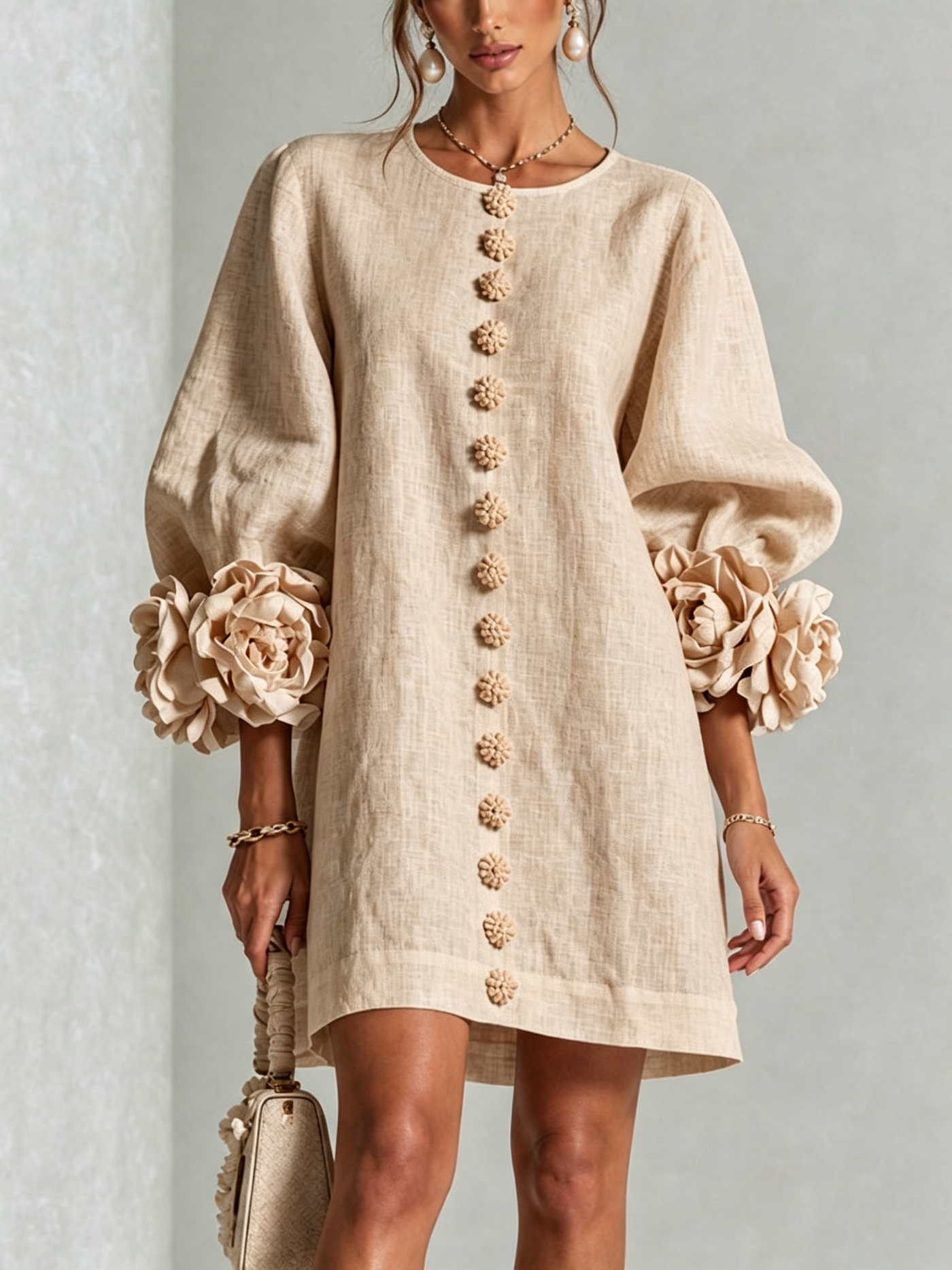 White Mini Dress with Floral Buttons and Dramatic Flower Sleeves