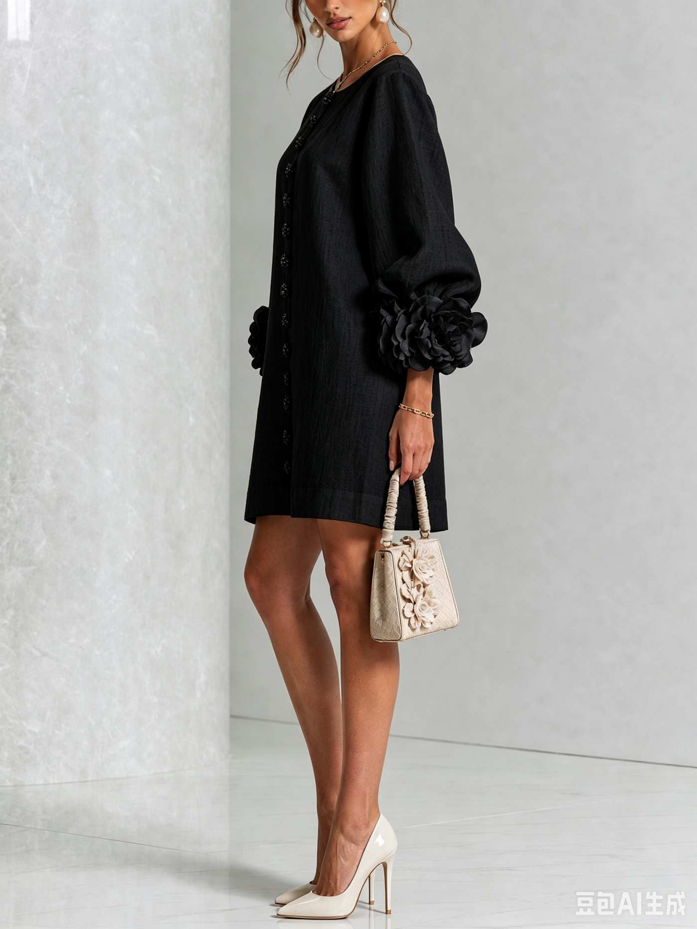 White Mini Dress with Floral Buttons and Dramatic Flower Sleeves