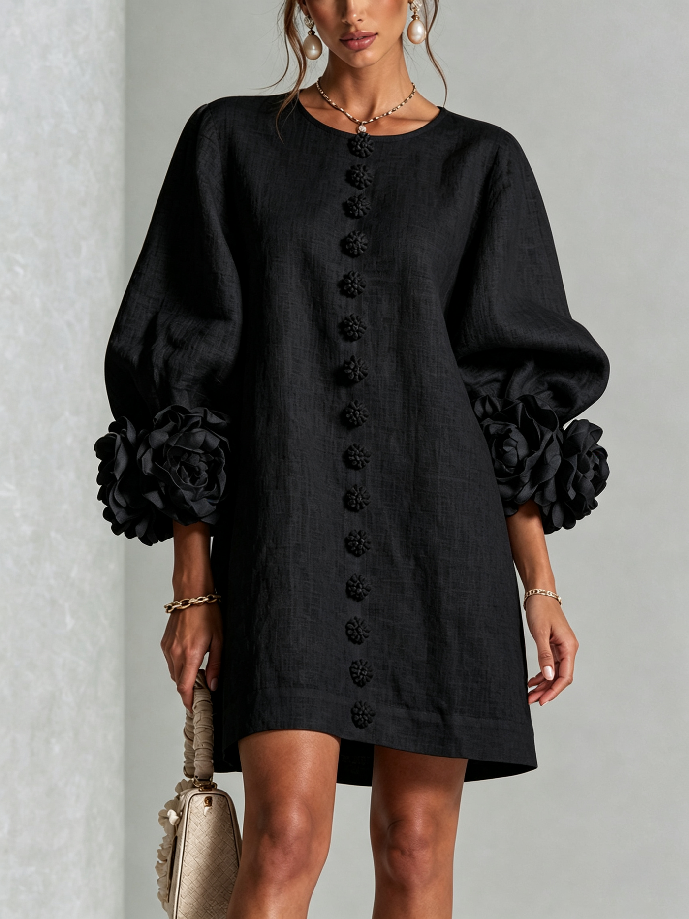 White Mini Dress with Floral Buttons and Dramatic Flower Sleeves