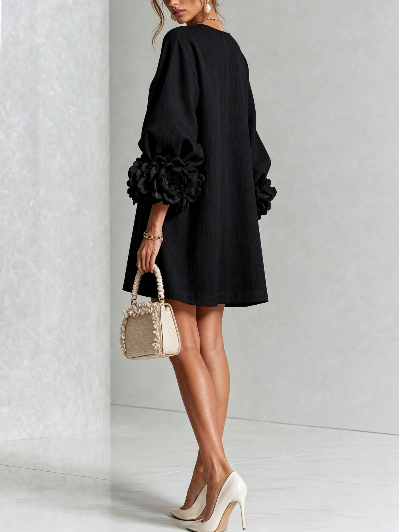 White Mini Dress with Floral Buttons and Dramatic Flower Sleeves
