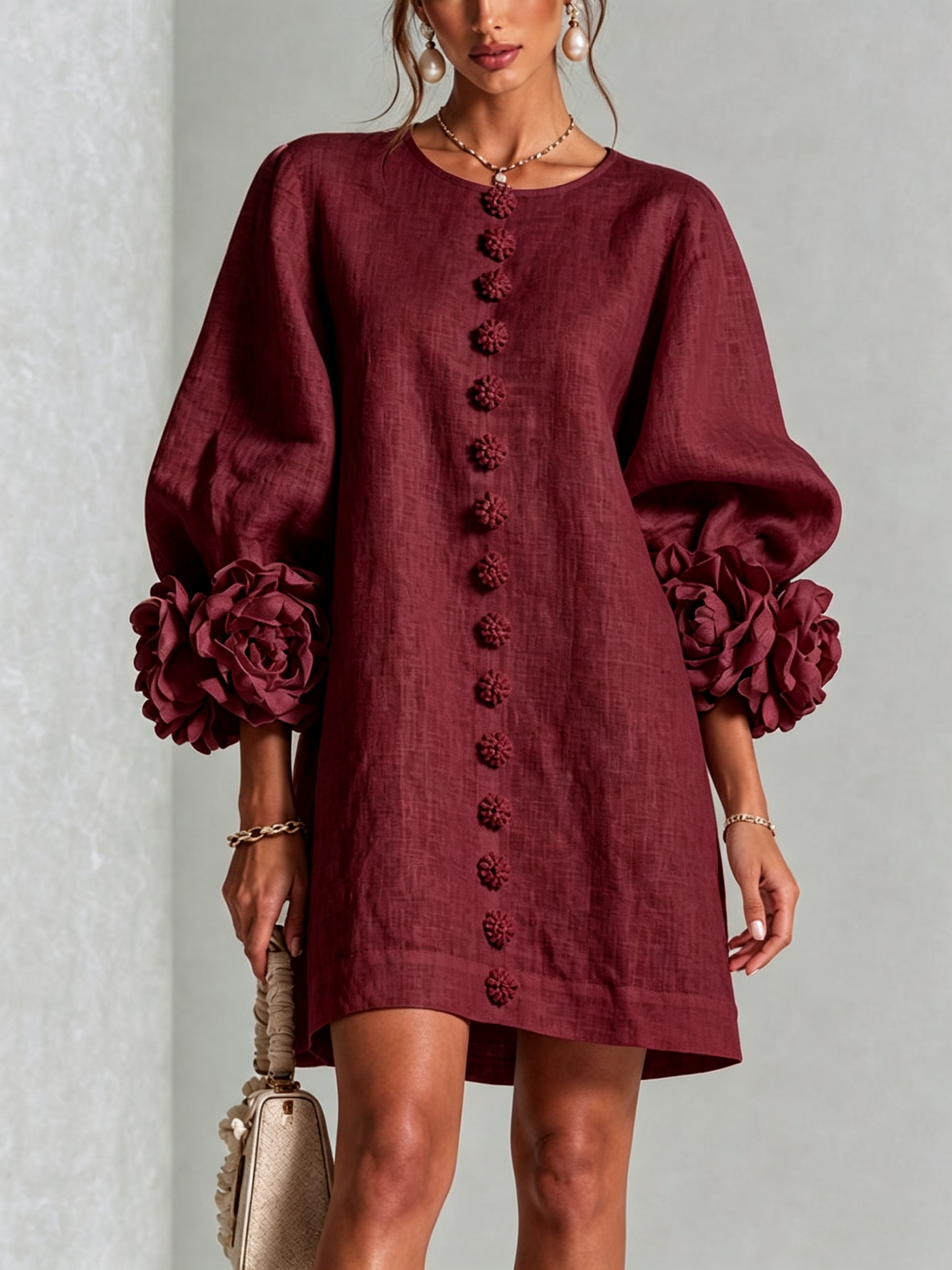 White Mini Dress with Floral Buttons and Dramatic Flower Sleeves
