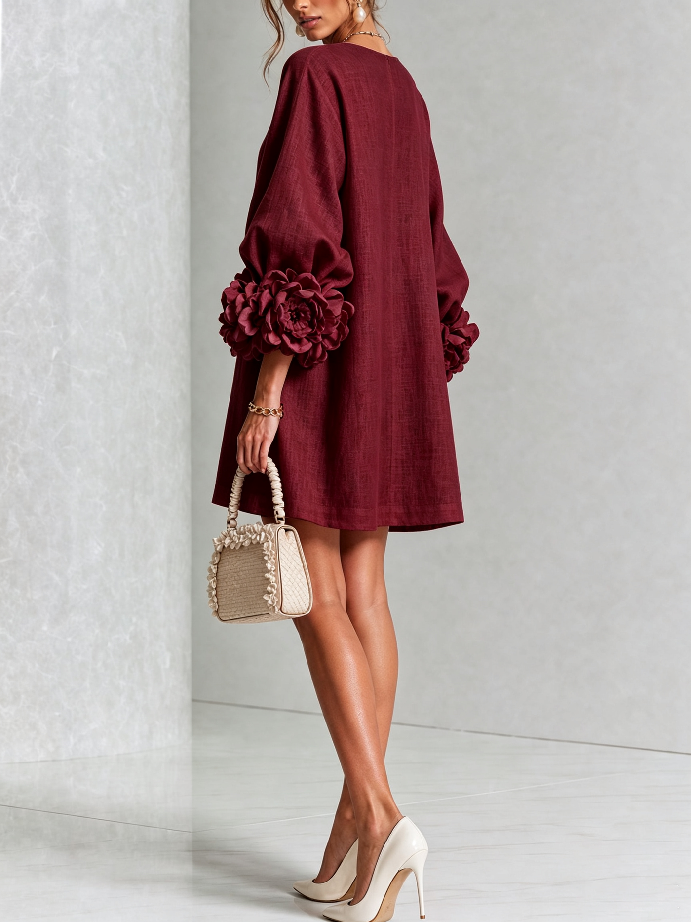 White Mini Dress with Floral Buttons and Dramatic Flower Sleeves