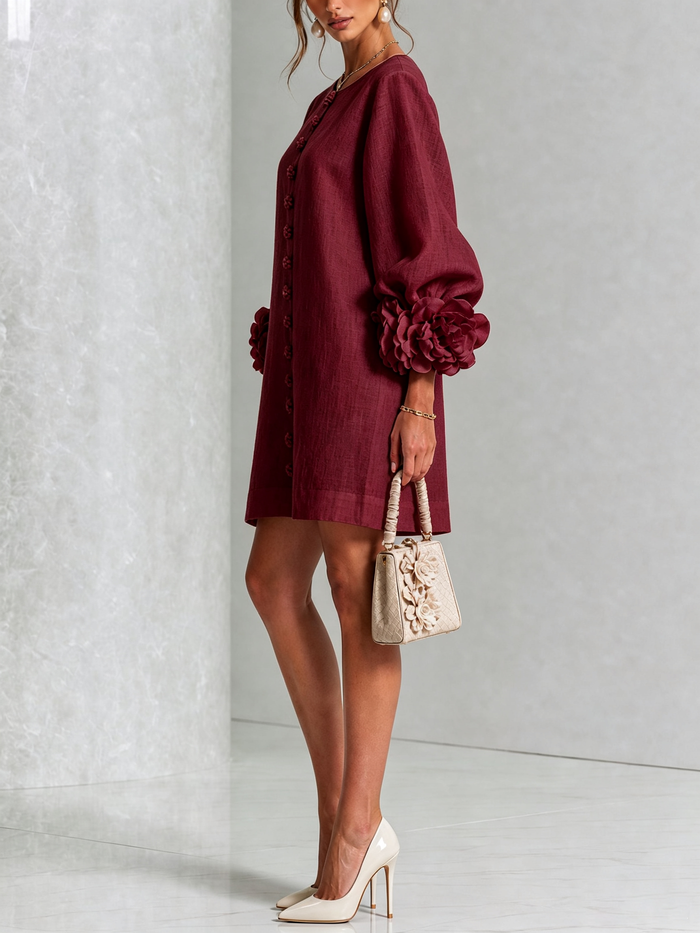 White Mini Dress with Floral Buttons and Dramatic Flower Sleeves