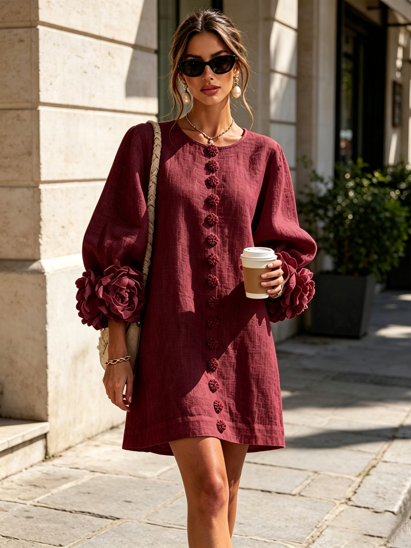 White Mini Dress with Floral Buttons and Dramatic Flower Sleeves