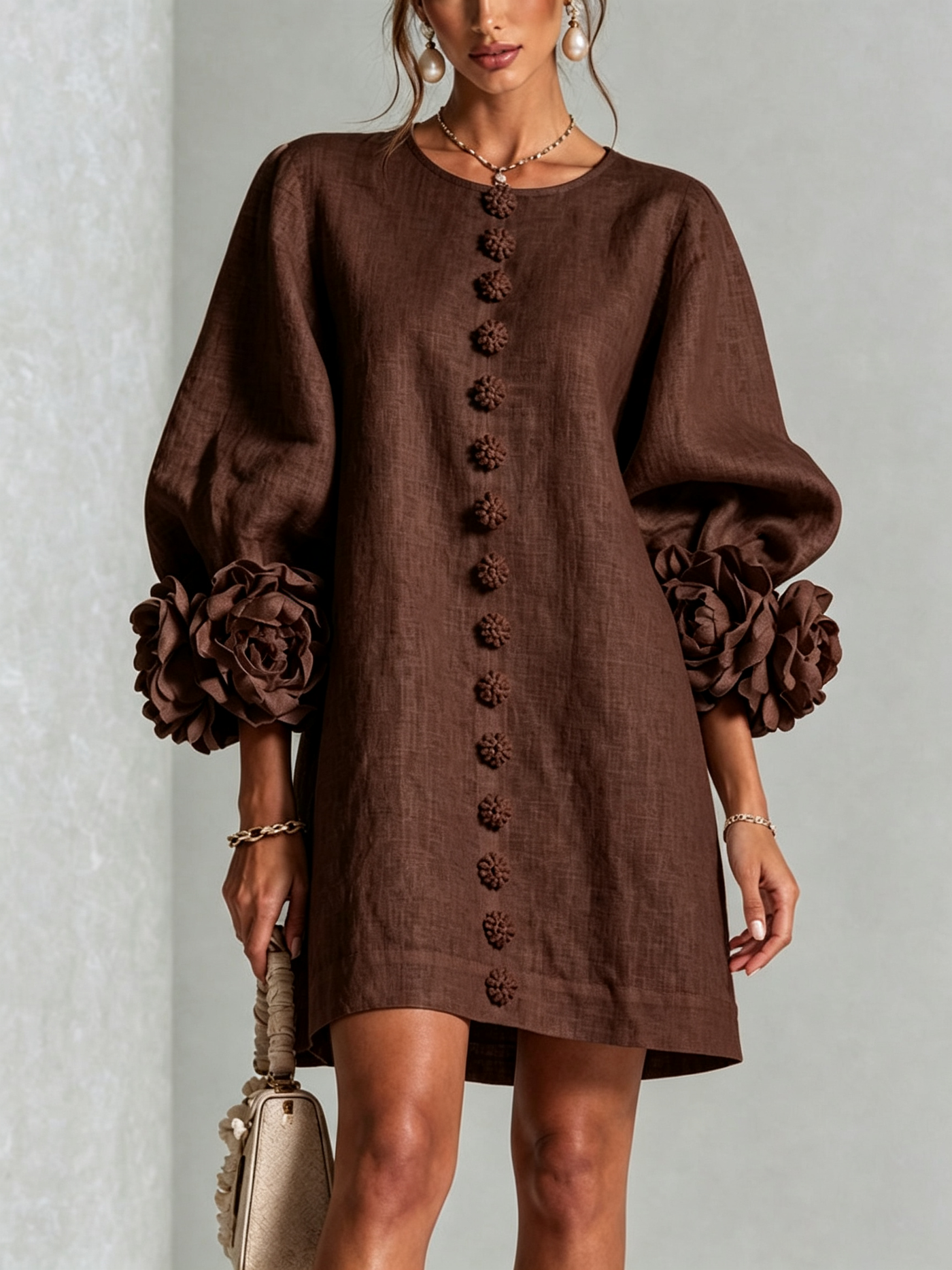 White Mini Dress with Floral Buttons and Dramatic Flower Sleeves