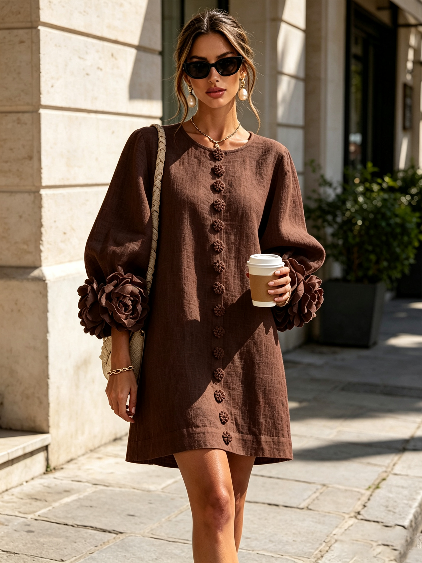 White Mini Dress with Floral Buttons and Dramatic Flower Sleeves