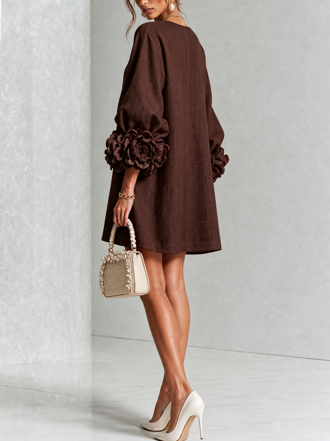 White Mini Dress with Floral Buttons and Dramatic Flower Sleeves