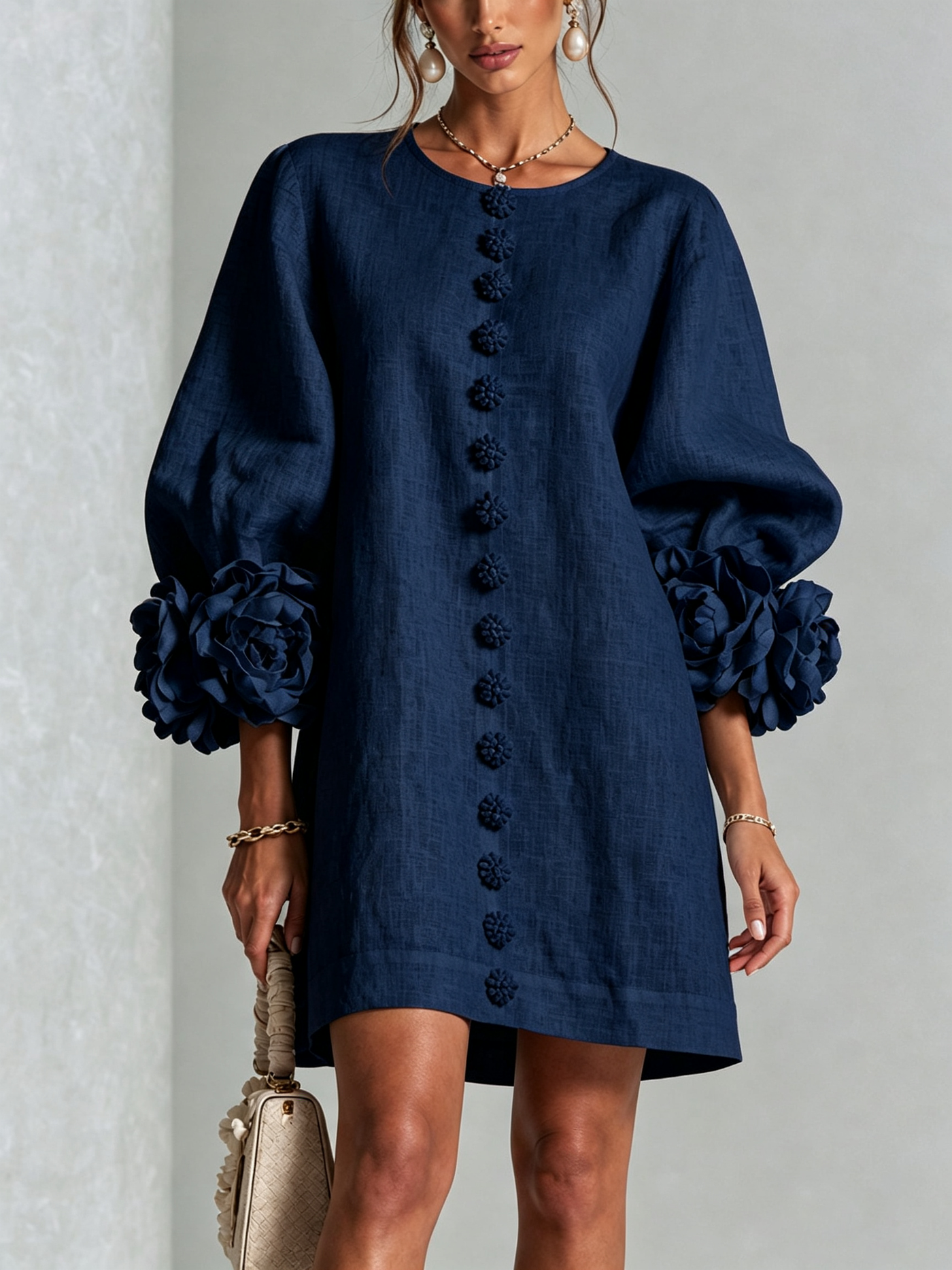 White Mini Dress with Floral Buttons and Dramatic Flower Sleeves
