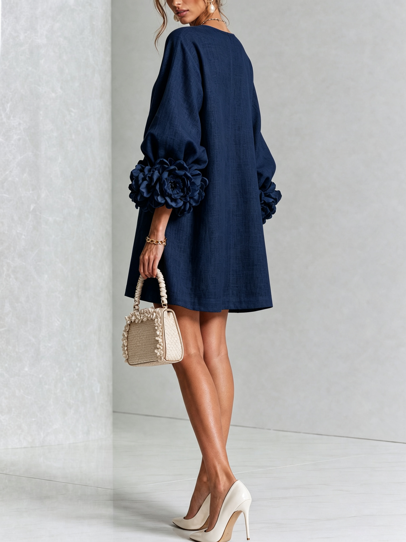 White Mini Dress with Floral Buttons and Dramatic Flower Sleeves