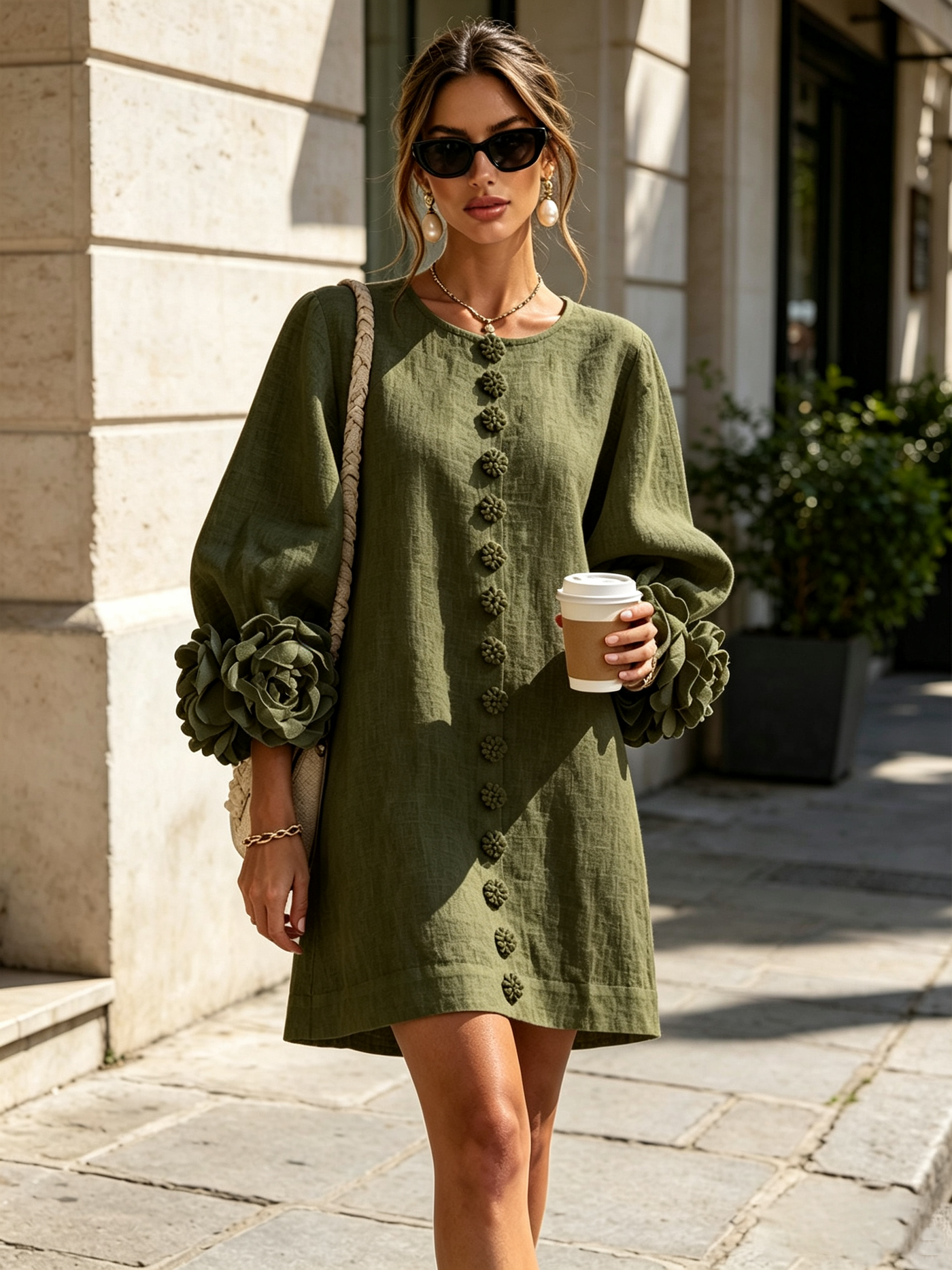 White Mini Dress with Floral Buttons and Dramatic Flower Sleeves
