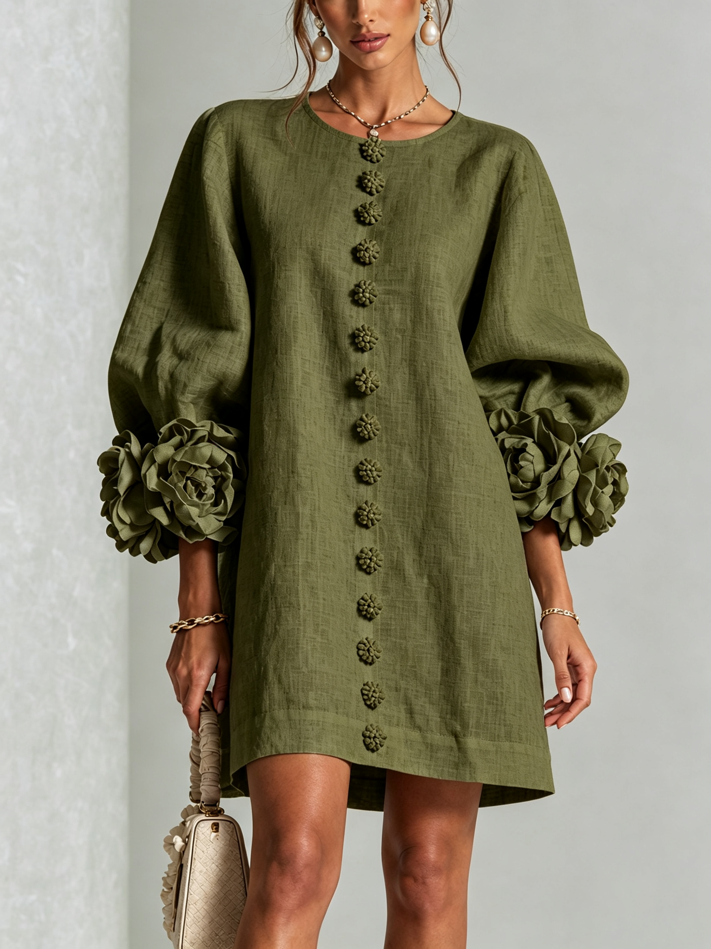 White Mini Dress with Floral Buttons and Dramatic Flower Sleeves