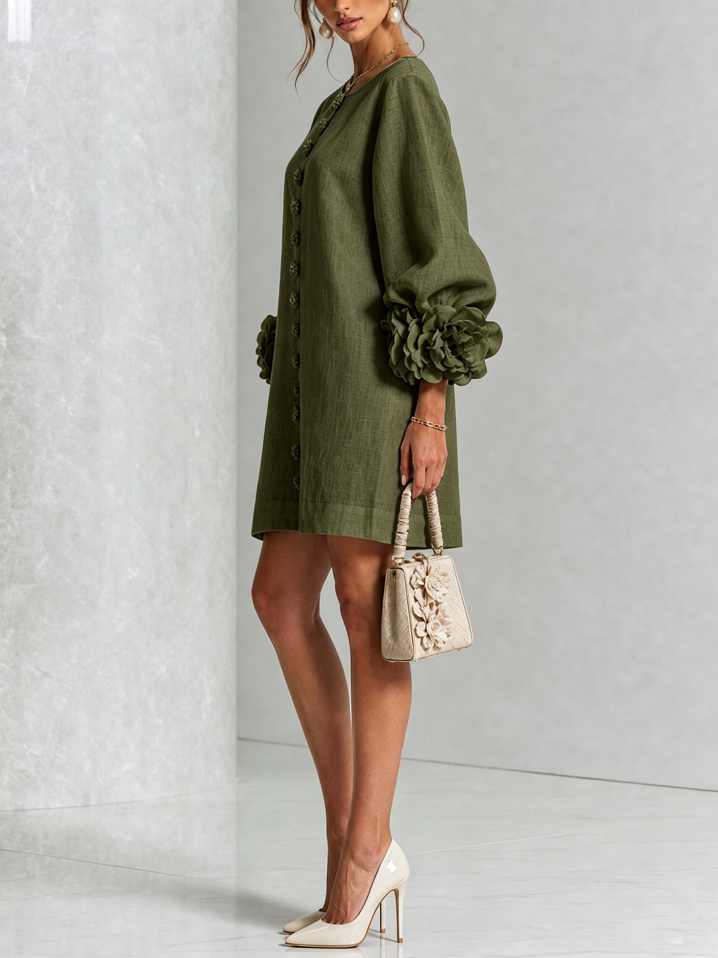White Mini Dress with Floral Buttons and Dramatic Flower Sleeves