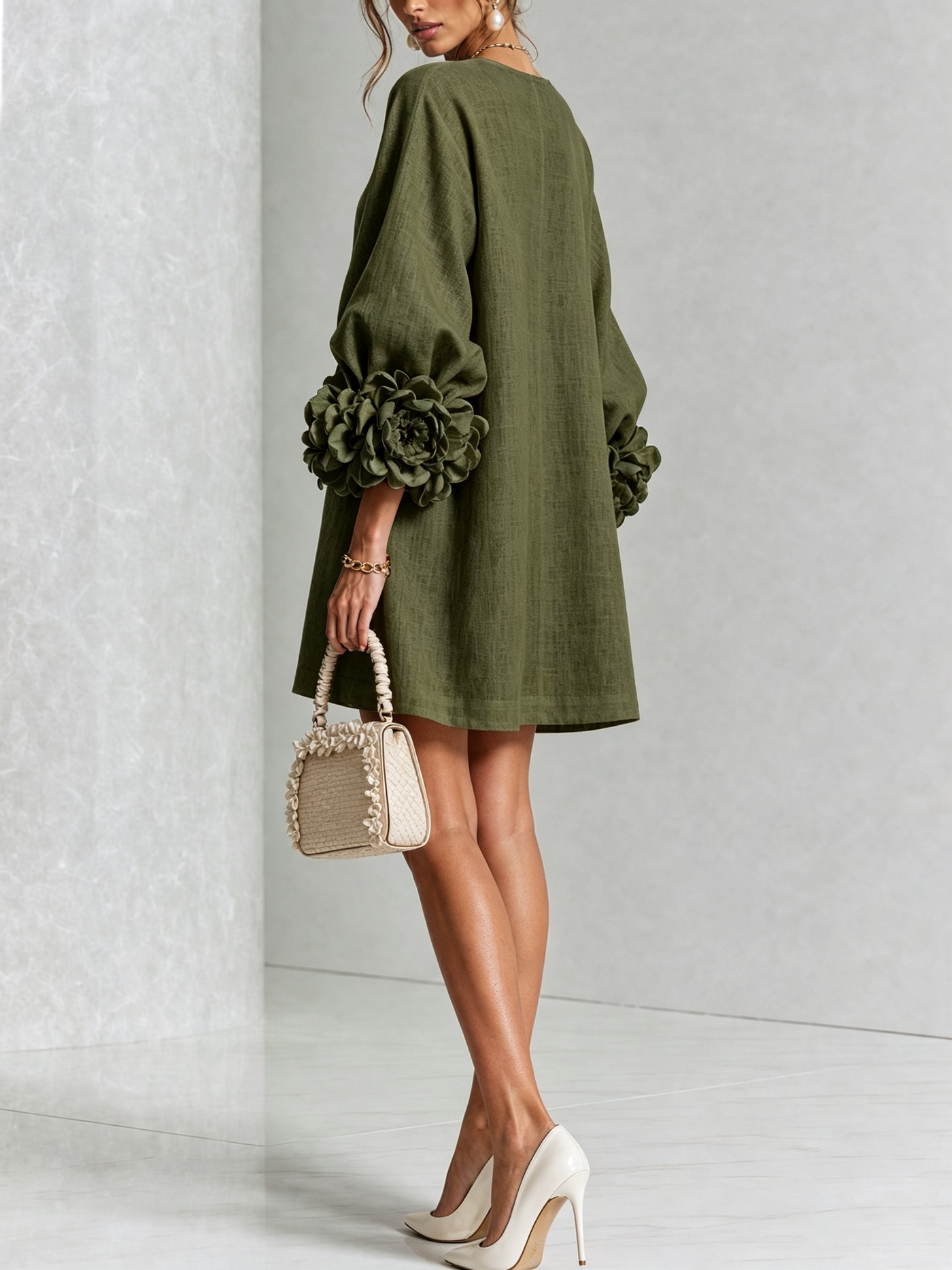 White Mini Dress with Floral Buttons and Dramatic Flower Sleeves