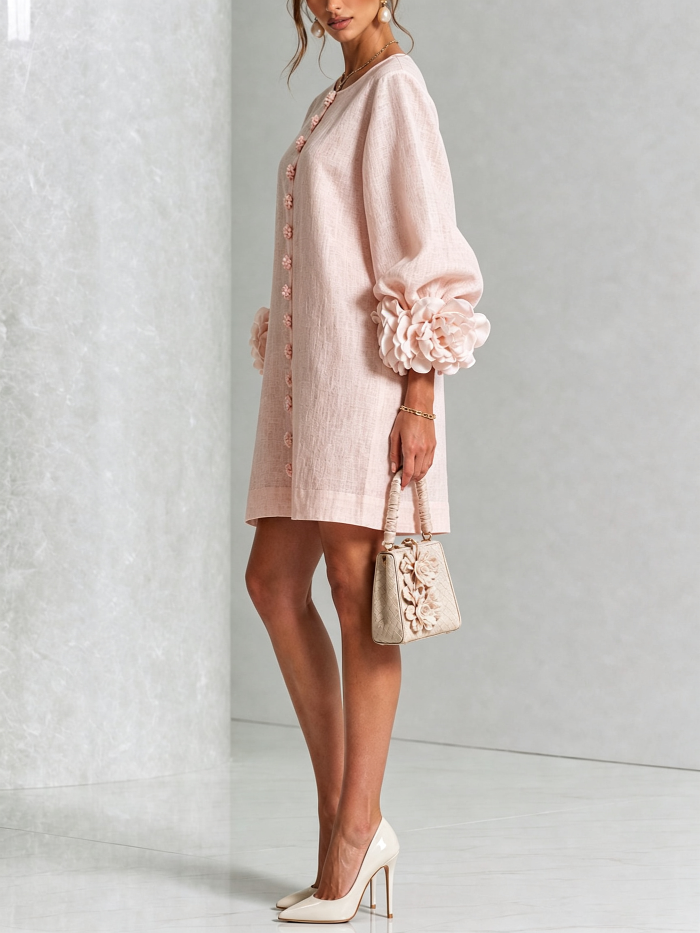 White Mini Dress with Floral Buttons and Dramatic Flower Sleeves