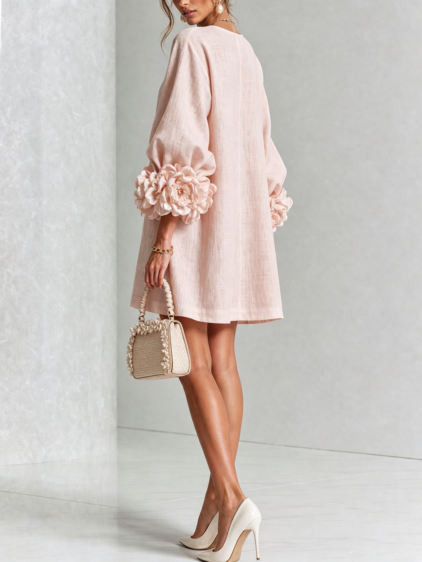 White Mini Dress with Floral Buttons and Dramatic Flower Sleeves
