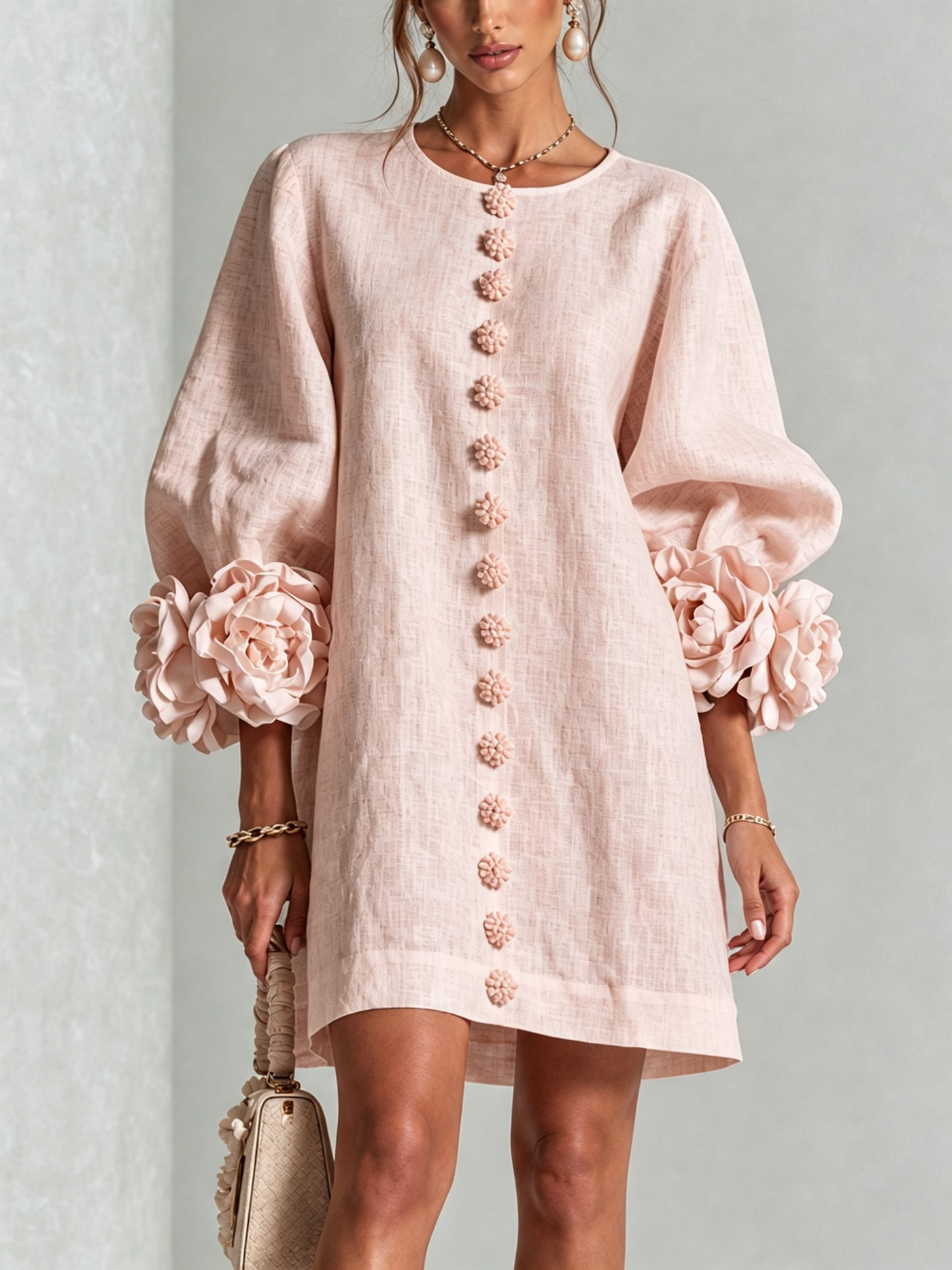 White Mini Dress with Floral Buttons and Dramatic Flower Sleeves