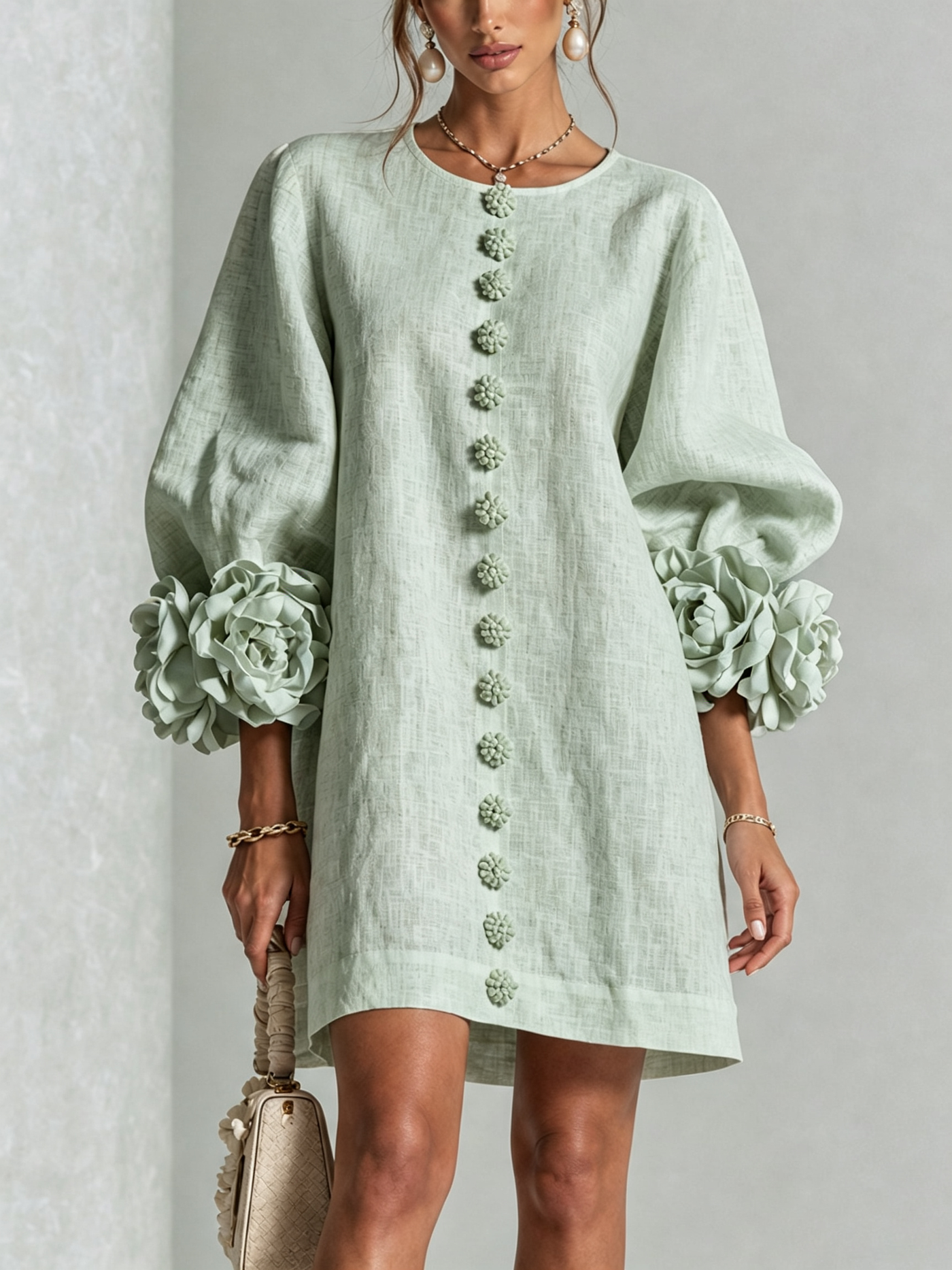 White Mini Dress with Floral Buttons and Dramatic Flower Sleeves