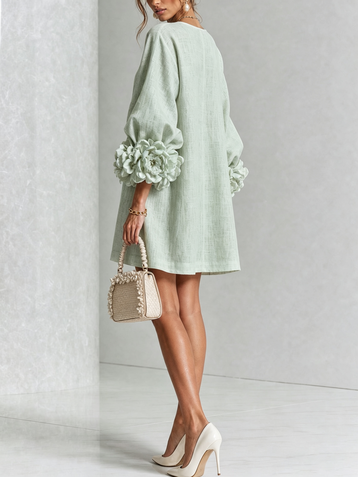 White Mini Dress with Floral Buttons and Dramatic Flower Sleeves