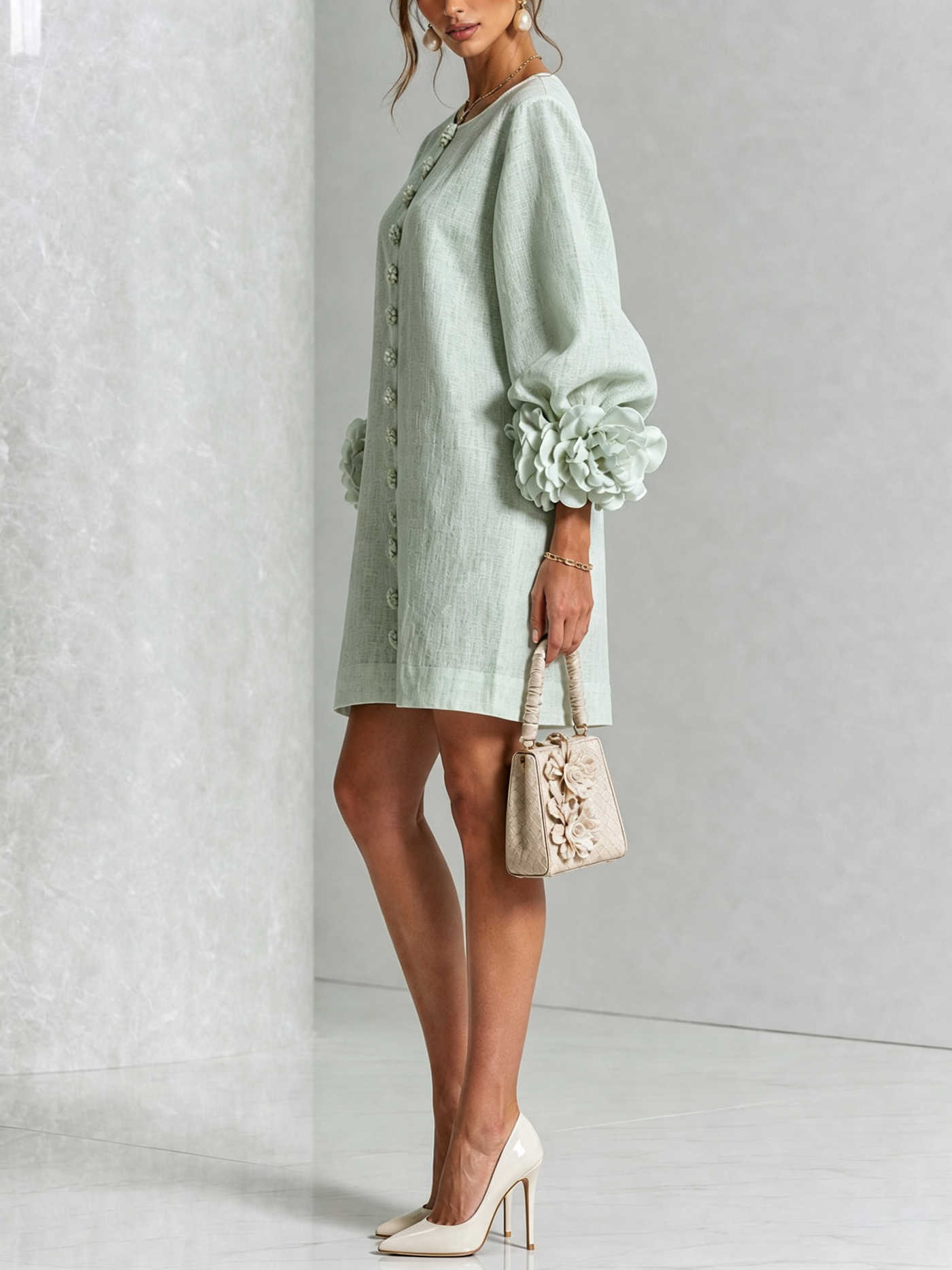 White Mini Dress with Floral Buttons and Dramatic Flower Sleeves