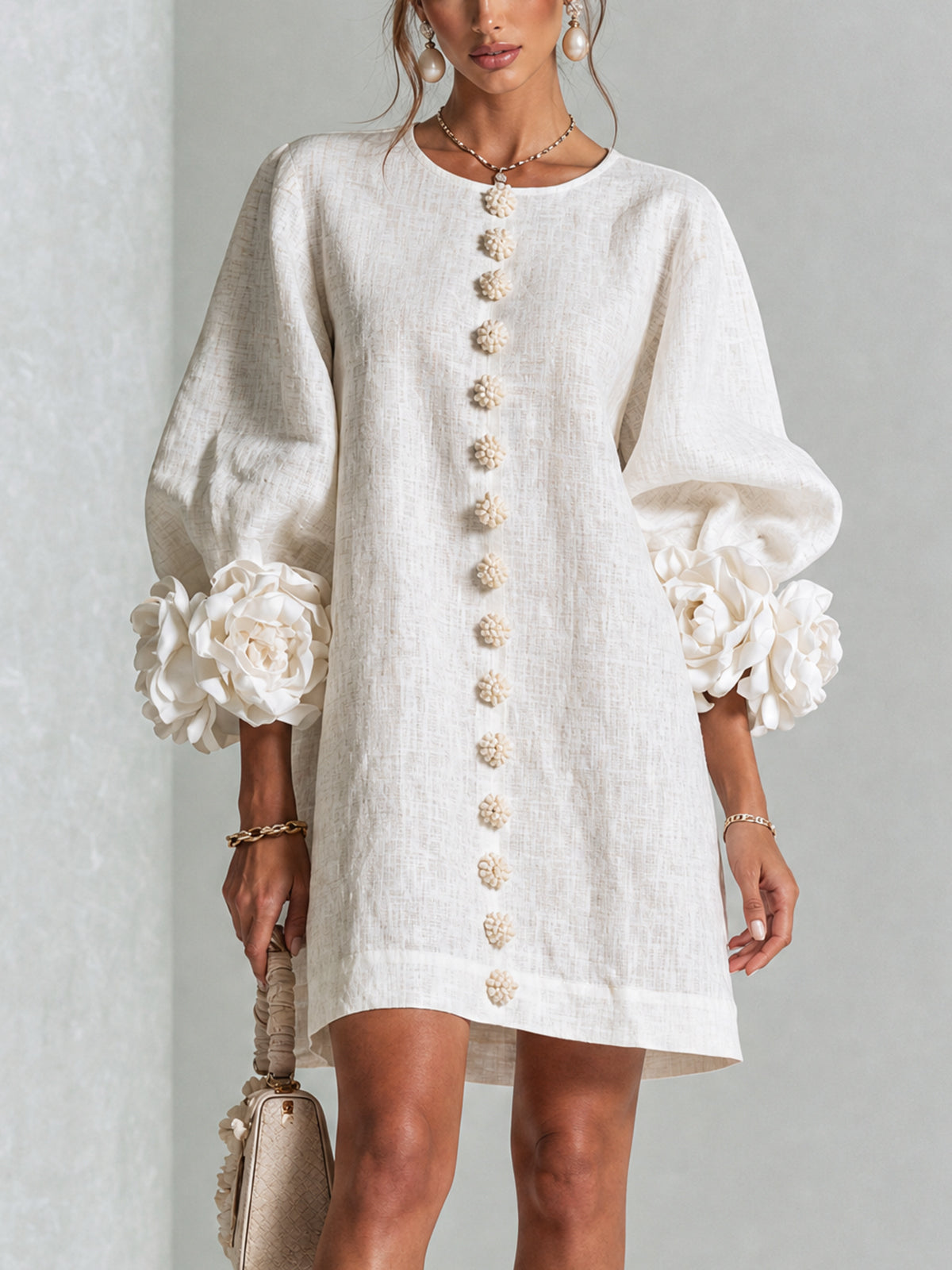 White Mini Dress with Floral Buttons and Dramatic Flower Sleeves