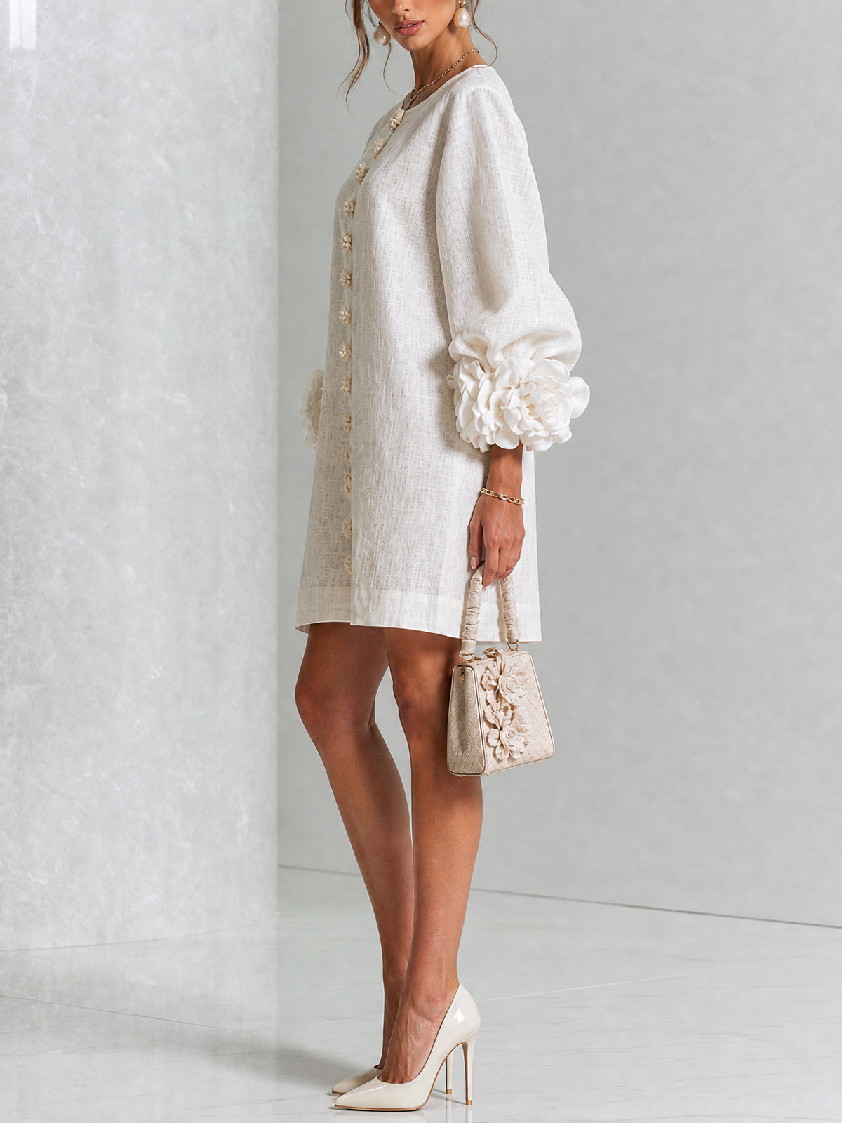 White Mini Dress with Floral Buttons and Dramatic Flower Sleeves