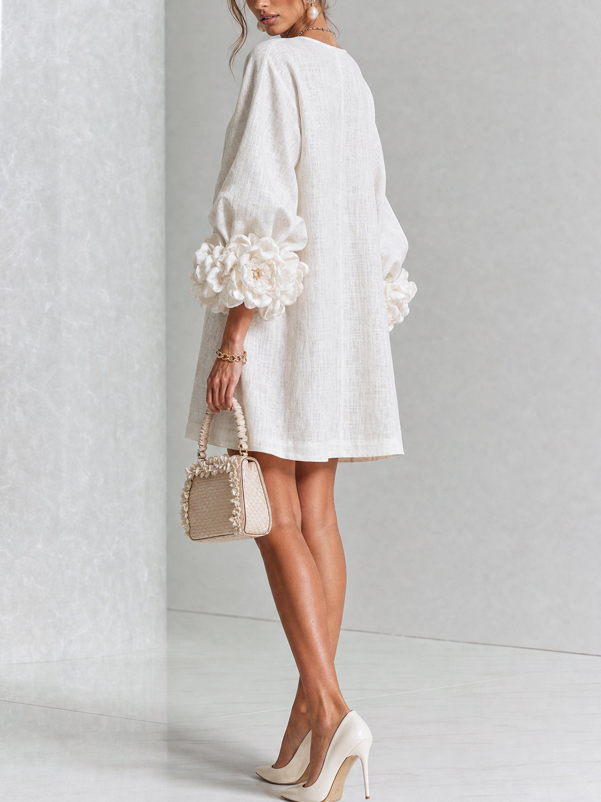 White Mini Dress with Floral Buttons and Dramatic Flower Sleeves