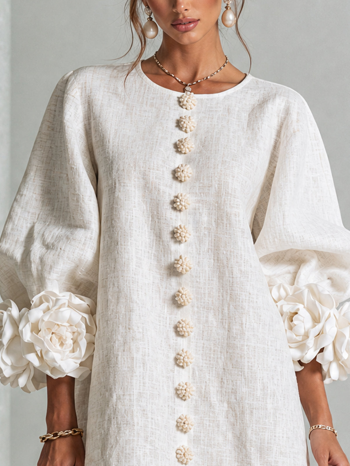 White Mini Dress with Floral Buttons and Dramatic Flower Sleeves