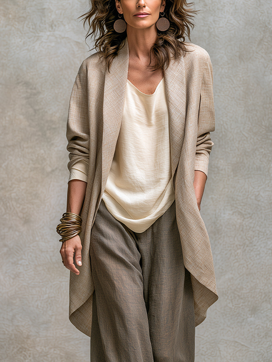 Costanza | Three-piece beige and gray layered casual outfit with wide-leg pants, elegant