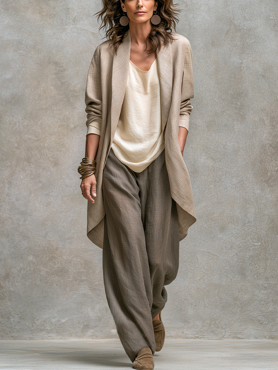 Costanza | Three-piece beige and gray layered casual outfit with wide-leg pants, elegant