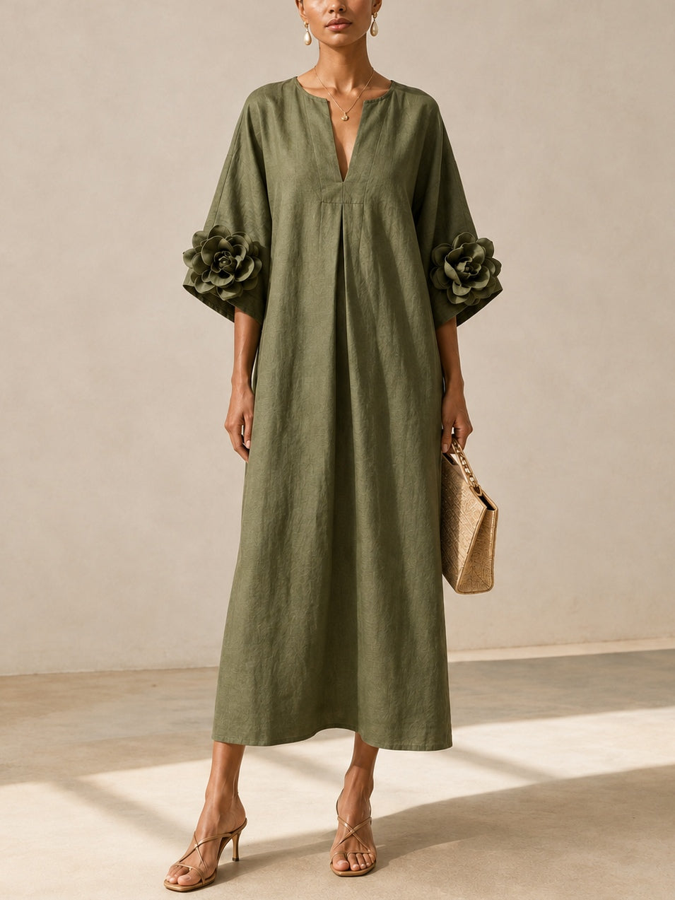 Olive Green Midi Dress with V-Neck and Extravagant Floral Sleeves