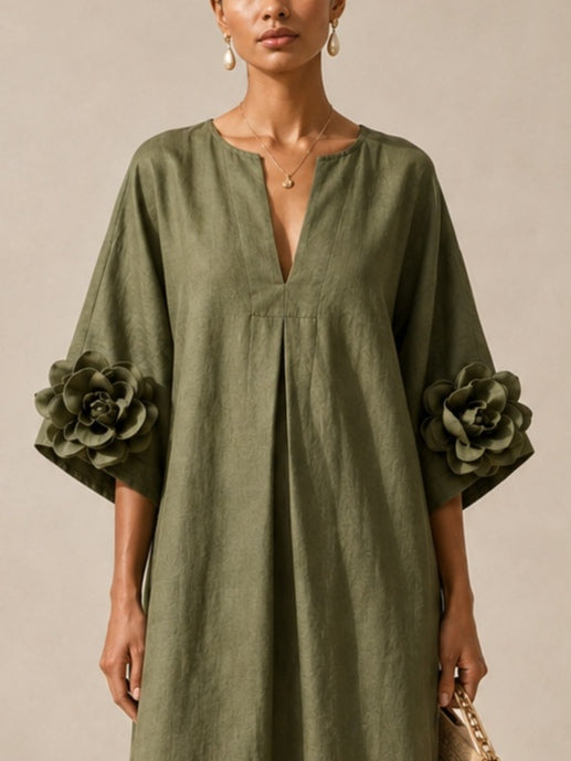Olive Green Midi Dress with V-Neck and Extravagant Floral Sleeves