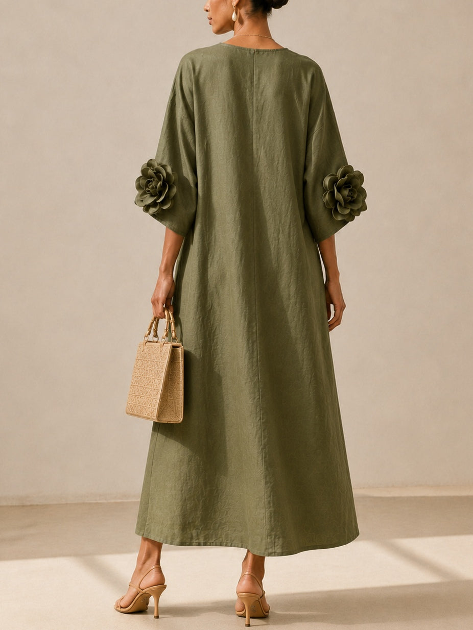 Olive Green Midi Dress with V-Neck and Extravagant Floral Sleeves